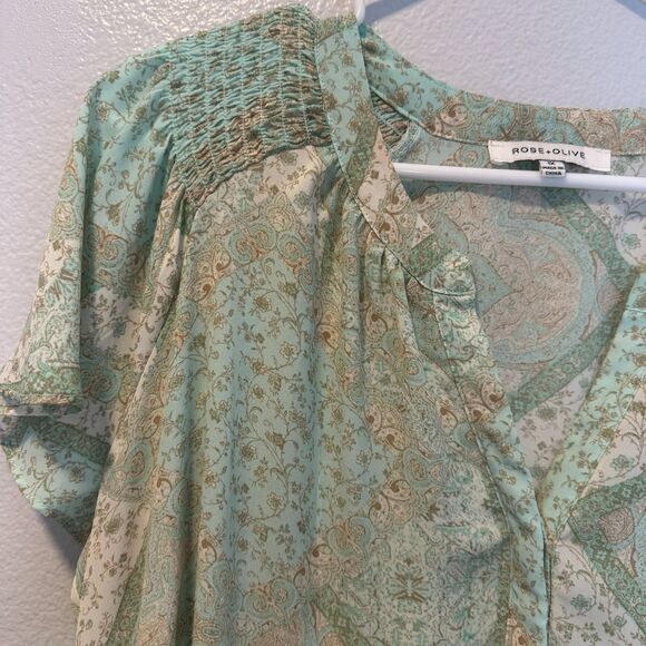 Rose + Olive Top Womens  1X Green Paisley Chiffon Short Sleeve Boho - Picture 7 of 11
